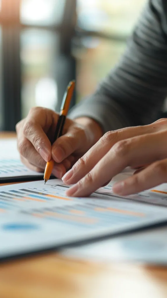 A person is seated at a desk, their hand holding a pen and pointing to something on a document. The document is open and has graphs and charts on it. The person's other hand is also on the document. The background is blurred but shows the person's other arm and a desk. The focus is on the hand with the pen. The image is likely a photograph and it is taken from a low angle.