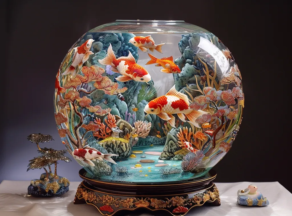 A large glass sphere sits on an ornate wooden base, depicting a miniature underwater scene.  The sphere contains intricate details, including brightly colored goldfish, coral reefs, and sparkling rocks. The scene appears to be a miniature aquarium, capturing the beauty and tranquility of the underwater world.
