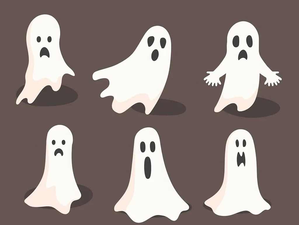 Six cartoon ghosts with different expressions are shown against a brown background. Some of the ghosts are flying, some are standing and some have outstretched arms. All are white with black eyes and mouths. They are all smiling or making a different expression.