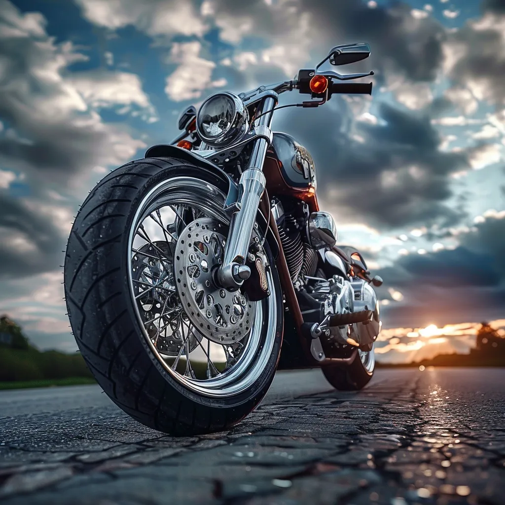 A gleaming, chrome motorcycle sits on a paved road, its front tire prominently displayed. The bike is positioned against a backdrop of a dramatic cloudy sky, with the setting sun peeking through the clouds. The image evokes a sense of adventure and freedom.  The focus is on the tire, emphasizing the power and detail of the machine.