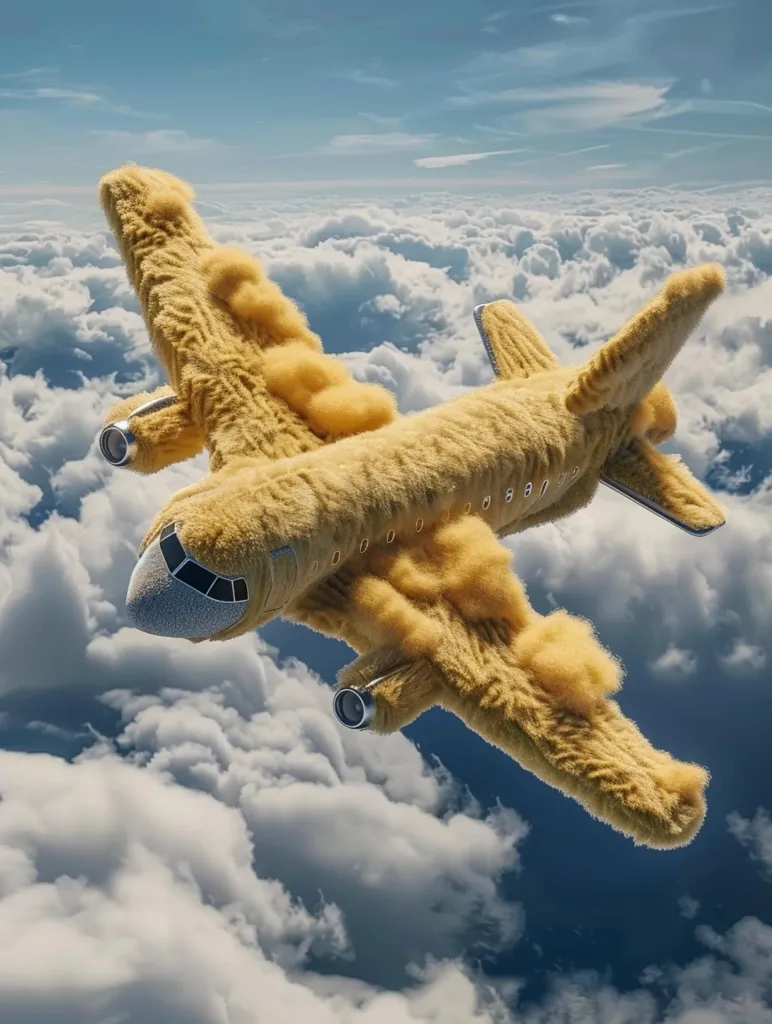 A fuzzy, yellow airplane flies through a sky of fluffy white clouds. The plane is covered in soft, plush fur, giving it a whimsical and playful appearance. The blue sky peeks through the clouds, creating a serene and dreamy backdrop for this unusual aircraft.