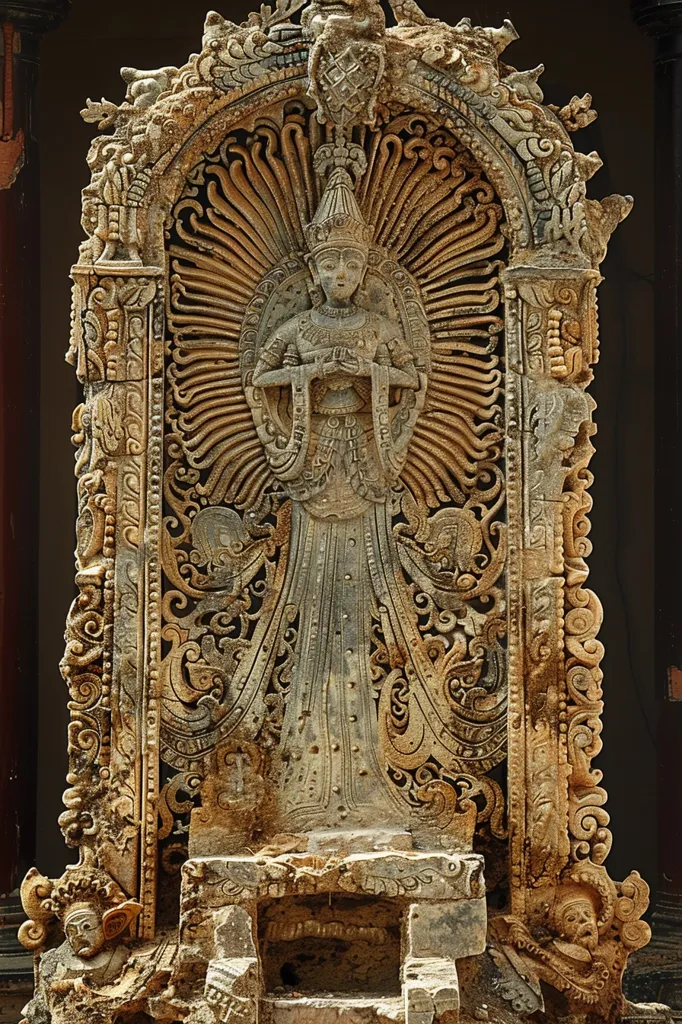 A stone carving depicts a deity in an elaborate archway. The deity is adorned with intricate jewelry and stands in a regal pose with hands clasped. The archway is surrounded by ornate floral and geometric patterns. The carving is weathered and worn, showing the passage of time. The intricate details and the deity's serene expression create a sense of spiritual significance. The carving is likely from a temple or religious structure.