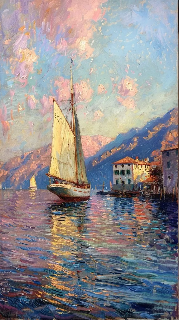 A sailboat with white sails glides across calm water, reflecting the golden sunset sky. The mountains in the background are a hazy blue, with a few buildings perched on the shoreline. The painting captures a peaceful moment of serene beauty, with the gentle ripples of the water reflecting the warm colors of the sky.