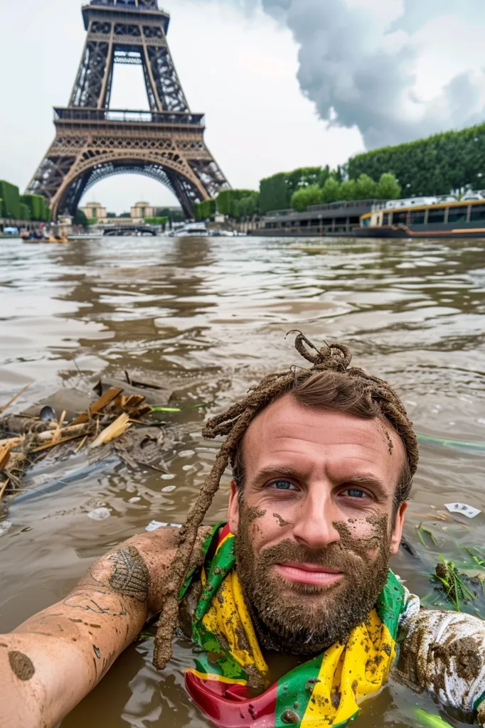 A man with dreadlocks covered in mud smiles at the camera. He is partially submerged in muddy water, with the Eiffel Tower visible in the background. The man wears a green, yellow, and red bandana. The Seine River appears to be flooded, with debris floating in the water.  The image captures a moment of resilience and humor in the face of challenging circumstances.