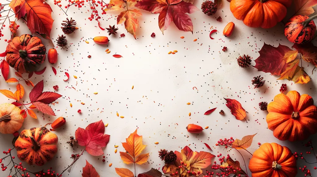 The image features a white background adorned with fall foliage and pumpkins. Vibrant orange and red leaves, pine cones, and small red berries create a festive autumnal border.  The pumpkins, varying in size and shape, add a touch of warmth and harvest season charm to the arrangement. The image evokes a sense of cozy and celebratory autumn.