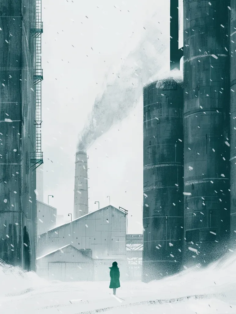 A lone figure in a green coat walks towards a tall smokestack billowing smoke against a snowy industrial backdrop. The scene is framed by two towering, weathered buildings, their surfaces dusted with snow. The air is thick with falling snow, creating a sense of quiet solitude in this desolate, wintry landscape.