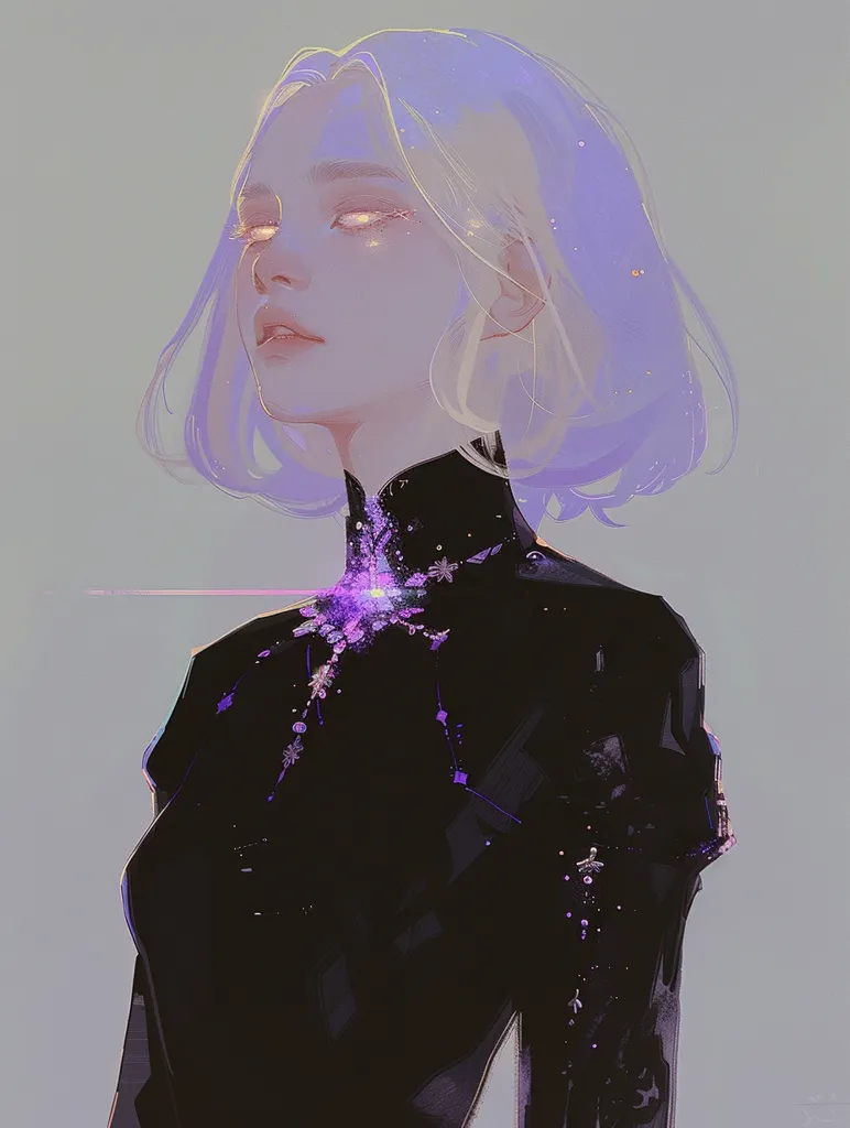 The image depicts a young woman with short, pale purple hair. Her eyes are closed, and she is looking away from the viewer. She is wearing a black collared shirt with a sparkling purple design on the front. The background is a soft, pale purple, with a faint glow emanating from the woman's chest. The image has a dreamlike quality, with soft edges and muted colors. It evokes feelings of mystery and introspection.