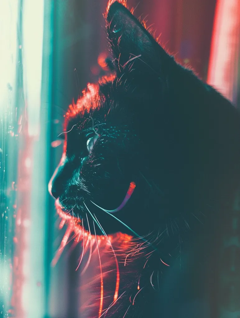 A black cat is seen in profile, its fur illuminated by a red-orange light. The cat’s whiskers stand out against the dark fur, and its piercing eyes are visible. The background is a blurry mix of blue and green hues, suggesting the cat is positioned near a window. The photo captures the cat's sharp features and mysterious gaze.