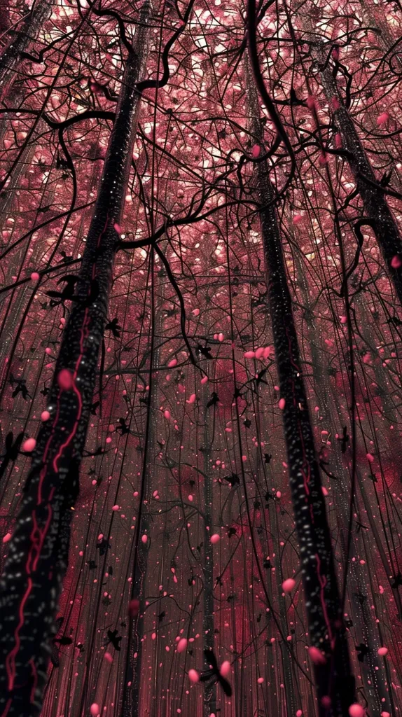A forest of black trees with pink glowing dots and streaks of light falling from the canopy. The dark branches create a web-like pattern against the light, giving the impression of a magical or mystical place. The image is taken from a low angle, looking up into the forest. The overall effect is one of wonder and intrigue.