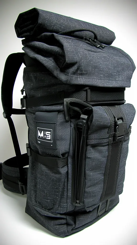 A black, rugged backpack with multiple compartments and straps.  The bag has a logo on the front, and a roll-top closure. The fabric is textured with a subtle pattern.  The bag is made of durable material and looks like it would be great for travel or outdoor activities.