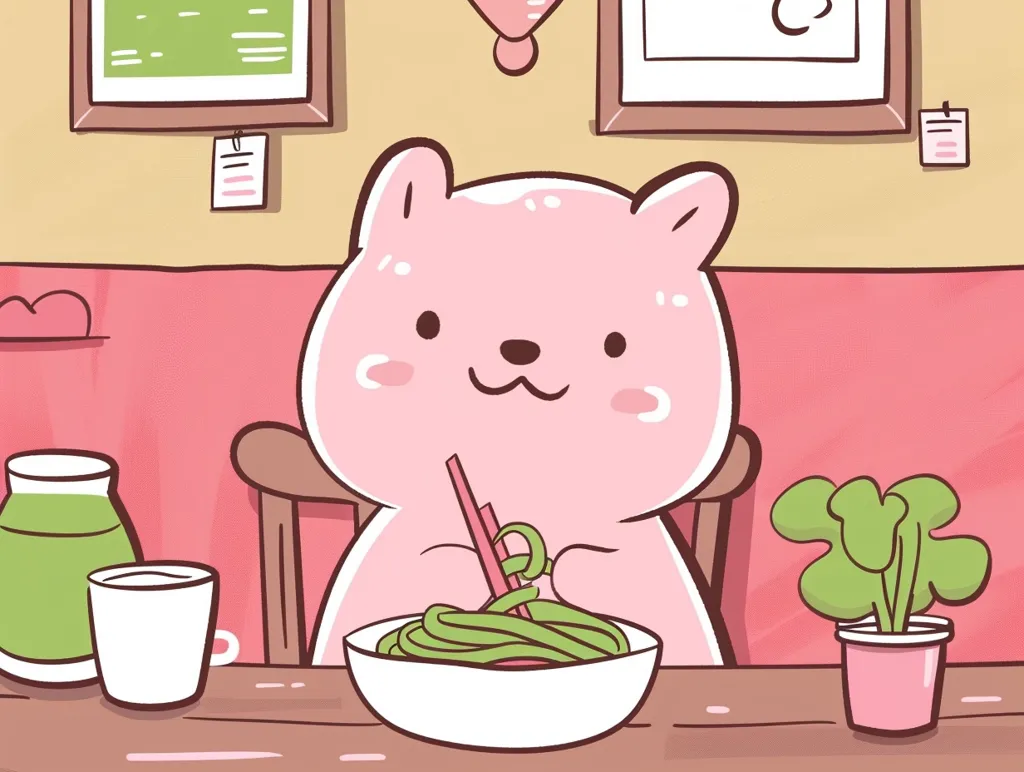 A pink, cartoon bear sits at a table, eating noodles with chopsticks. The bear is wearing a pink shirt and is sitting on a brown chair. There is a green plant in a pink pot, a glass of milk, and a glass of green juice on the table. The background is a pink and yellow wall with a framed picture on it. The scene is cute and simple, with a focus on the bear and its meal.