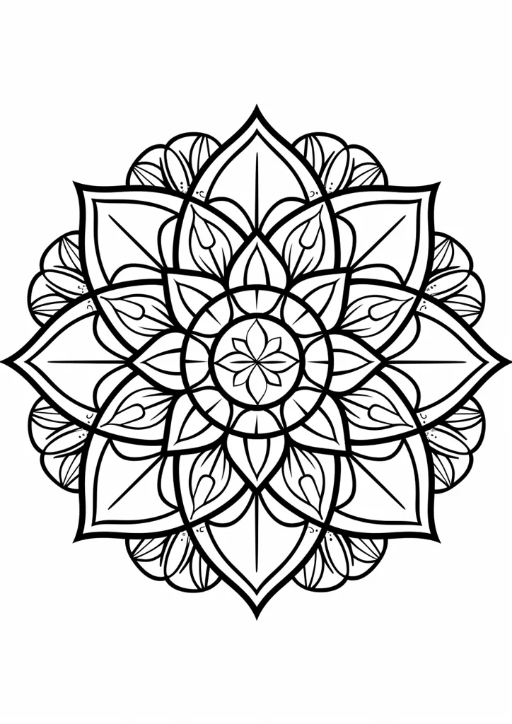 The image is a black and white mandala, a circular design that is often used in spiritual and religious practices. It has a central flower shape surrounded by layers of petals, leaves, and intricate patterns. The mandala is symmetrical and balanced, with a sense of order and harmony.