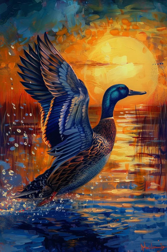 A vibrant oil painting depicts a duck in flight, its wings outstretched against a fiery sunset. The duck's feathers are detailed with rich hues of blue and green, while the background shimmers with warm oranges and yellows. The water below reflects the golden light, creating a sense of peace and tranquility.