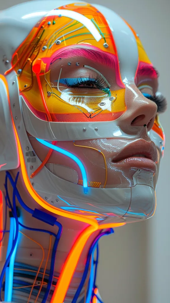 The image depicts a close-up of a robotic head, its features enhanced with vibrant neon lights. The head is made of white plastic with intricate circuitry visible beneath a translucent yellow layer. Bright blue and orange neon lights outline the face and neck, creating a striking contrast against the white. The robot's eye is open, revealing a detailed blue and white iris, and its lips are slightly parted. The overall effect is a futuristic and somewhat unnerving, yet captivating portrayal of artificial intelligence.