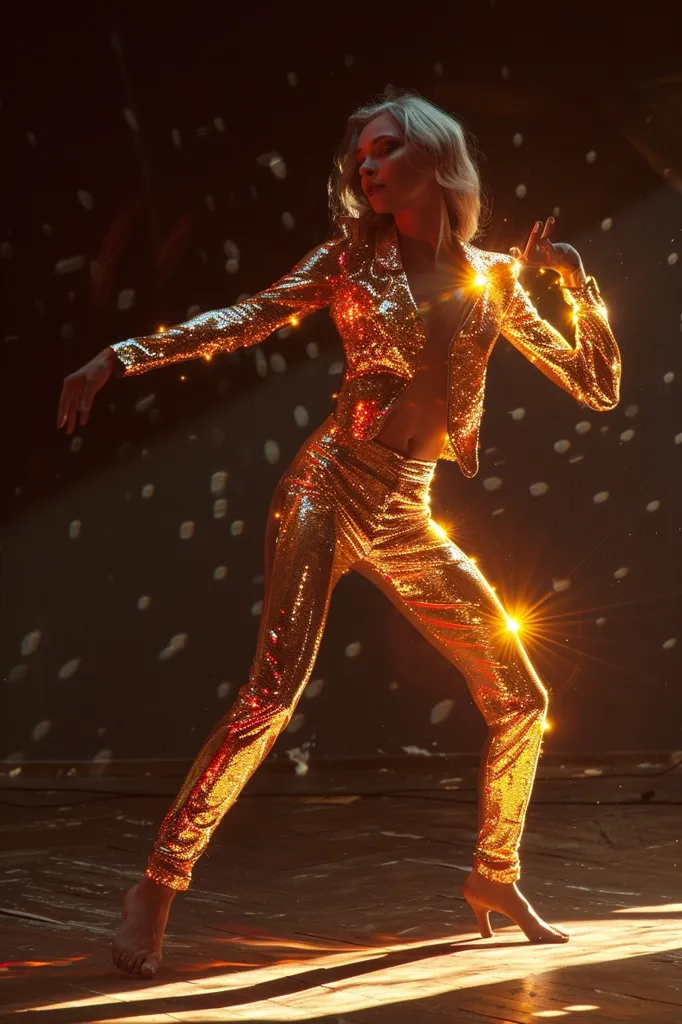 A woman in a sparkling gold jumpsuit poses dramatically, with one arm extended and the other holding her hand to her chest. Her blonde hair is styled in a simple, straight style. The lighting is soft and warm, illuminating the gold sequins in the outfit and creating a sense of glamour. The background is a dark, blurry space with small white specks scattered throughout.
