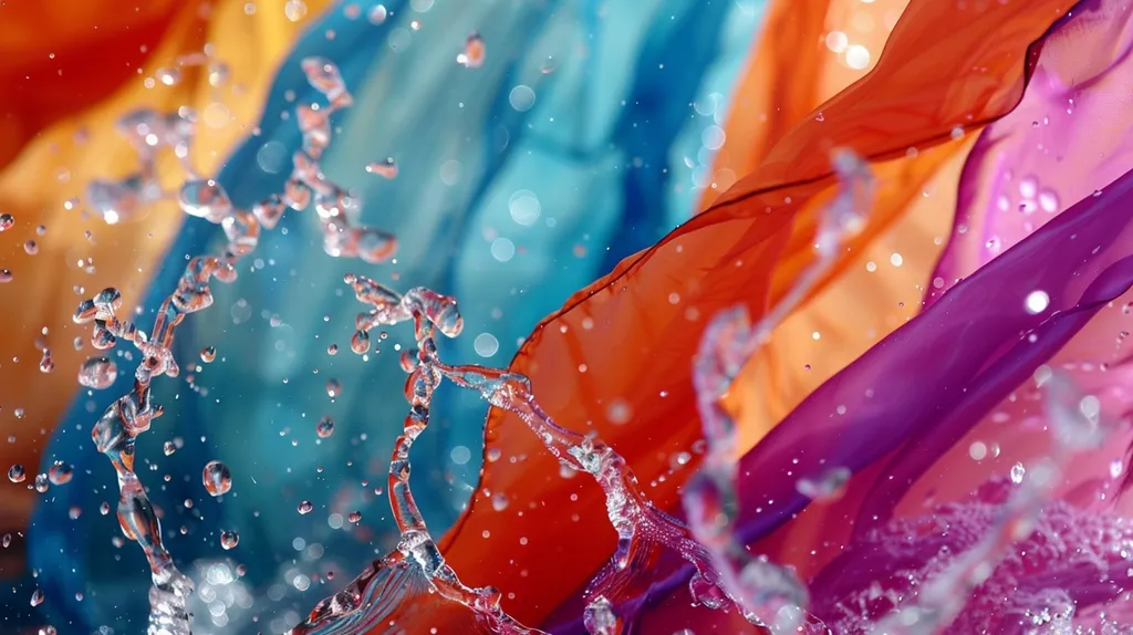 A vibrant abstract image of brightly colored fabric with water droplets. The fabric is layered in a cascade of orange, blue, and purple tones. The water droplets are scattered throughout the image, creating a sense of movement and energy.  The light reflects off the water and the fabric, adding to the overall beauty of the scene.