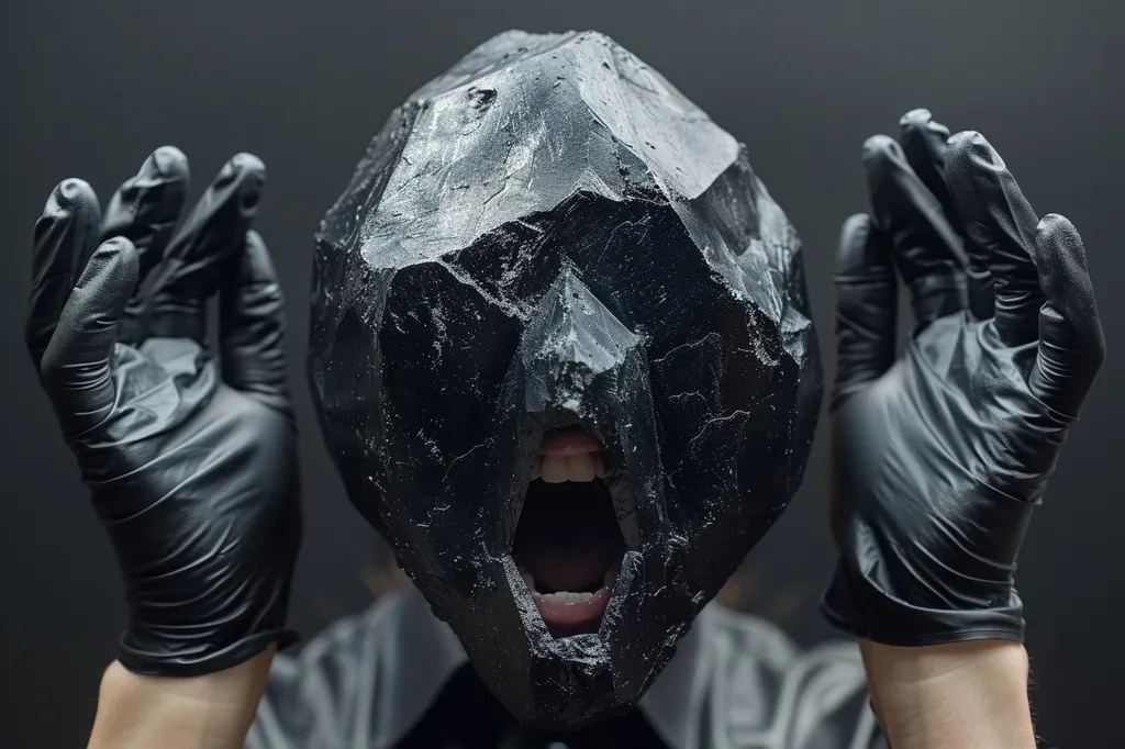 A person wearing black latex gloves is holding their hands up to their face, which is covered in a black, rock-like mask. The mask has a gaping, screaming mouth, adding a sense of terror to the image. The dark background emphasizes the menacing nature of the subject.