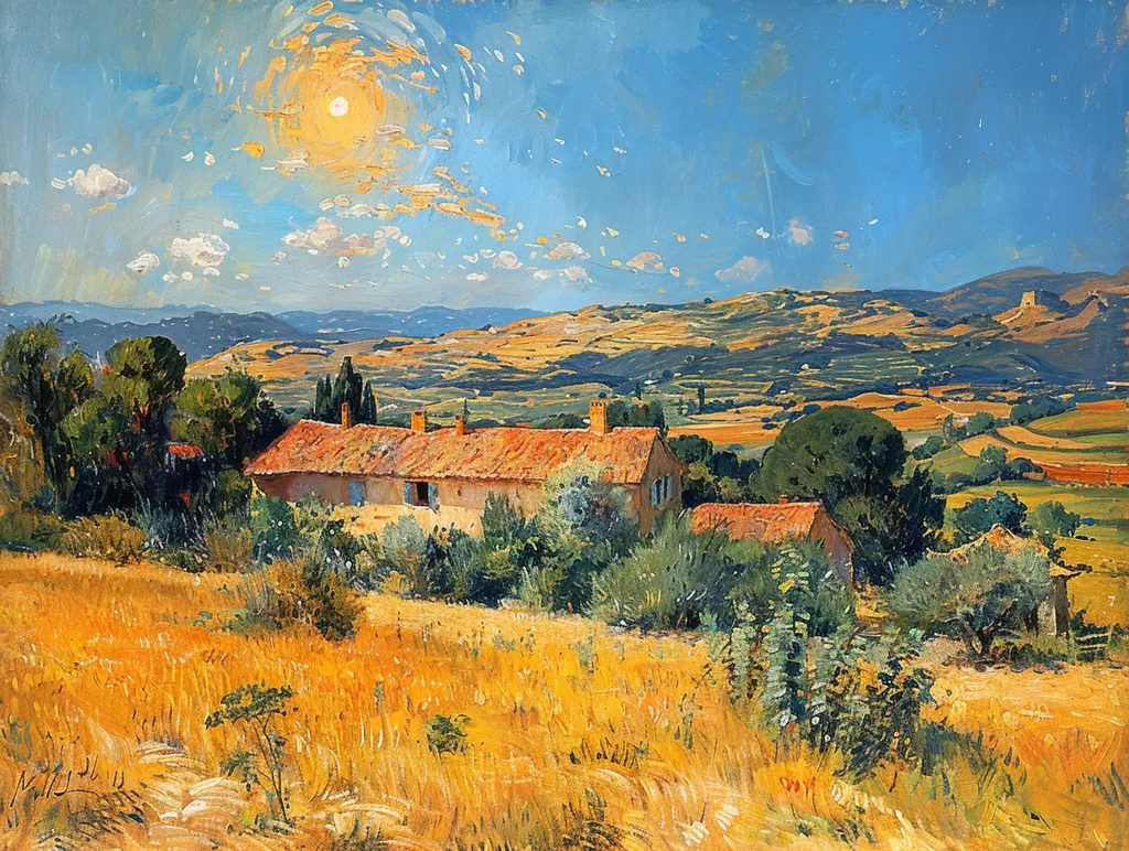 A sun-drenched landscape with a bright blue sky, scattered white clouds, and a large sun in the upper left corner. The foreground features a field of golden wheat with a few trees and shrubs. A charming farmhouse is nestled in the middle ground, surrounded by greenery. The background shows rolling hills and valleys, stretching out to a distant horizon.  The overall impression is one of peace and tranquility.