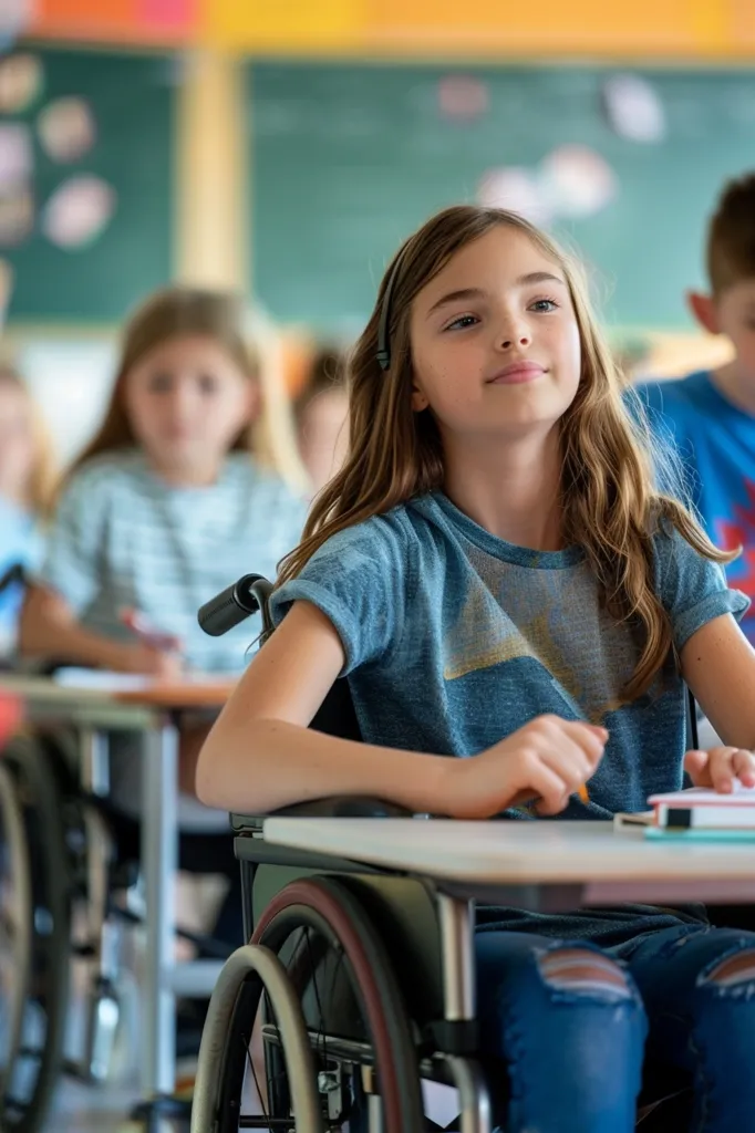 A young girl with long brown hair sits in a wheelchair in a classroom. She is wearing a blue shirt and jeans. She is looking up and smiling.  A few other students sit at desks in the background.  The girl's wheelchair is in the foreground.