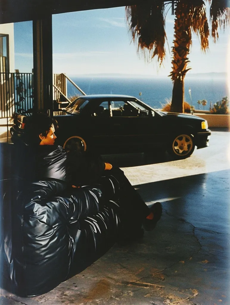 A person is sitting in a large black bean bag chair. They are facing a car parked outside a garage. The car is black, with a white rim on the left front wheel. The scene is shot from a low angle. The ocean can be seen through a window in the background, along with a palm tree. The person is wearing dark clothes. The ground is a cracked concrete. The image is blurry and faded, giving it a vintage feel.  The overall mood is one of calm and contemplation.