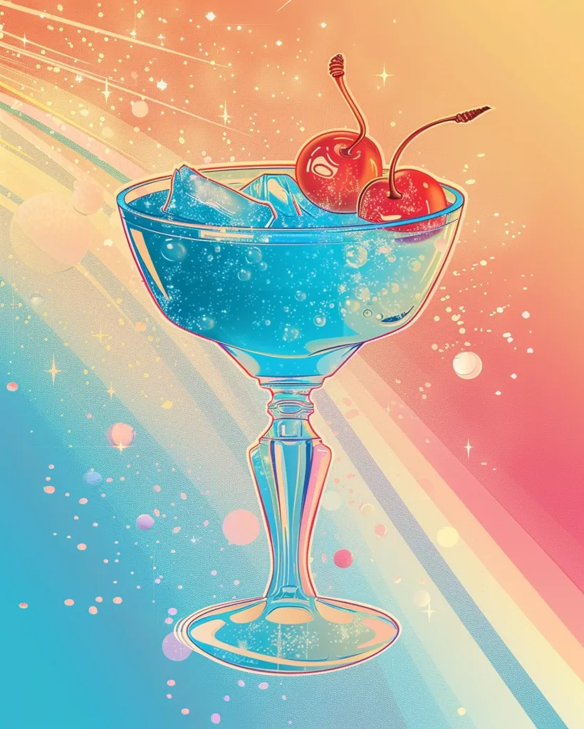 A martini glass filled with a bright blue, bubbly cocktail. Two red cherries sit atop the drink, nestled into the ice. The background is a vibrant blend of blue and orange with a rainbow effect. The overall image evokes a festive and celebratory mood.