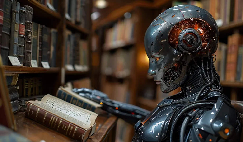 A robotic figure with a metallic head and wires is shown reading a book in a library. The robot is looking down at the open book, which is lying on a table in front of it. The library shelves are filled with books, and the overall image has a futuristic and technological feel. The robot's head has a transparent section, revealing internal circuitry and a glowing orange light. The image emphasizes the contrast between the traditional setting of a library and the futuristic presence of a robot.