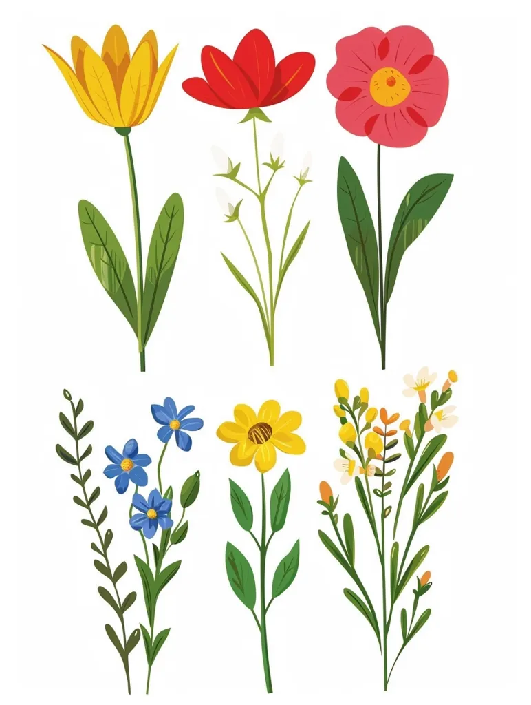 Six different flowers are depicted, showcasing a vibrant array of colors. A bright yellow tulip, a red poppy, a pink flower with a yellow center, a cluster of blue forget-me-nots, a bright yellow daisy, and a sprig of white and yellow blossoms are arranged against a white background. The flowers are stylized with thick outlines and flat colors, adding a whimsical touch.