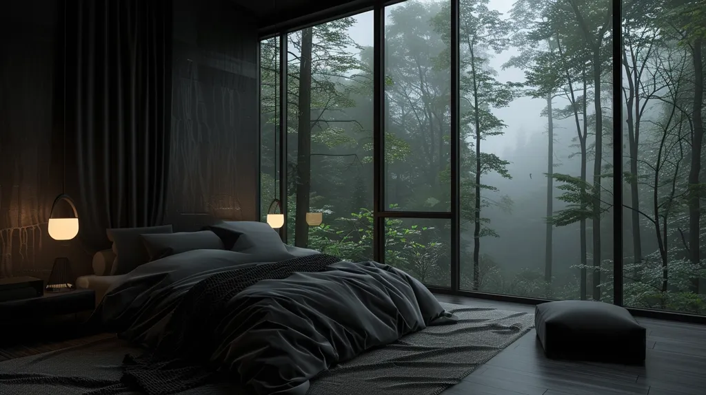 A minimalist bedroom with a large window overlooking a misty forest. The room is dark, with only a soft glow from the lamps and the muted light filtering in from the window. The bed is made with dark linens and the floor is covered in a thick, soft rug. The overall ambiance is one of tranquility and peace.