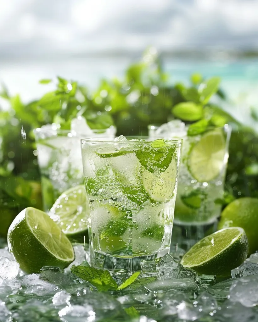 A refreshing summer beverage, likely a mojito, is depicted in the image. The drink is composed of ice, lime wedges, and mint leaves, all submerged in a clear liquid. The drink is presented in a tall glass, surrounded by more lime wedges and mint leaves. The background suggests a lush tropical environment, with green foliage and a blurred, watery horizon. The overall image evokes a sense of relaxation and refreshment.