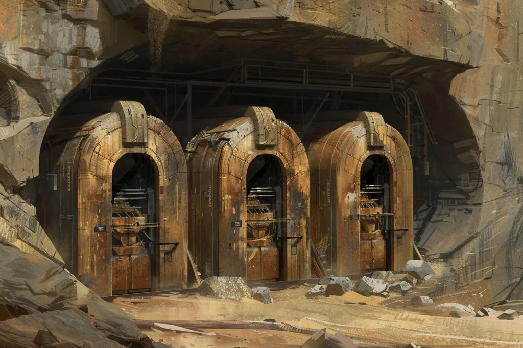 Three large, rusted metal doors stand in a row within a cavernous, rocky space. The doors are arched and have intricate details, suggesting a forgotten technology. The cave is dimly lit, with a dusty floor and scattered rocks. The scene evokes a sense of mystery and decay, hinting at a lost civilization or a forgotten purpose.