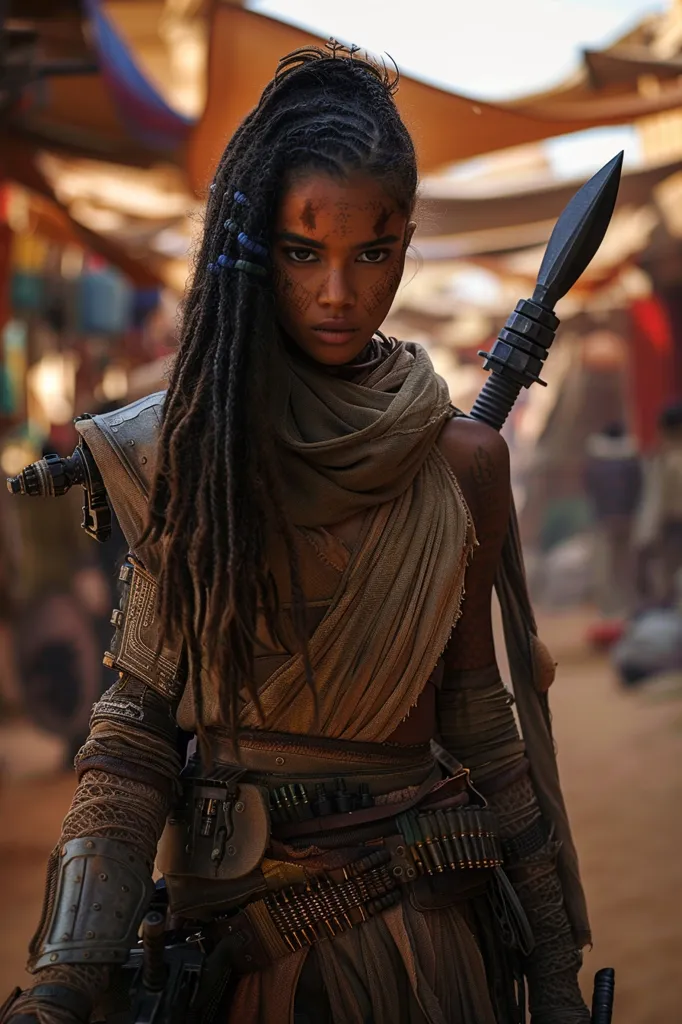 A young woman with long dreadlocks and dark skin stands in a desert setting, clad in a  brown, layered outfit, a long spear strapped to her back.  She wears a leather belt, a metal arm brace, and a long, flowing scarf around her neck. She stares intensely into the camera, with a serious expression on her face. The image evokes a sense of strength, determination, and a sense of mystery.