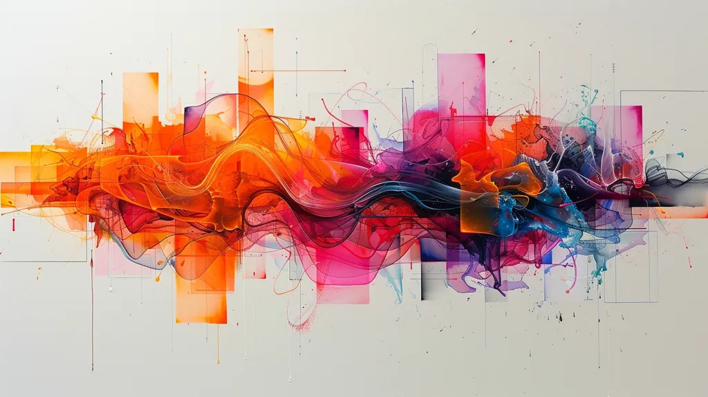 The image is an abstract painting, featuring a blend of vibrant colors and geometric shapes. The dominant colors are orange, pink, and blue, creating a dynamic and energetic atmosphere. The painting is filled with flowing lines, creating a sense of movement and depth. The use of translucent washes and geometric shapes adds a sense of complexity and dimension to the artwork. The composition is visually striking, capturing the viewer's attention with its bold and energetic style.