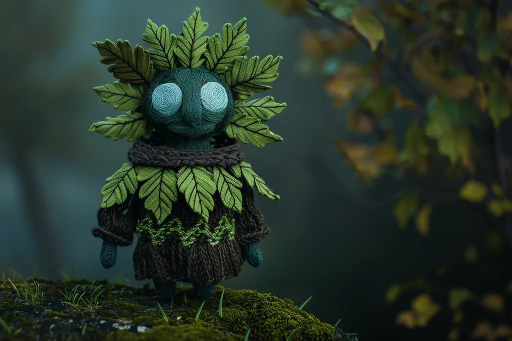 A knitted, forest spirit doll stands on a mossy rock in the woods. The doll is green and brown, with a crown of leaves and large, blue eyes. It is wearing a brown knitted sweater and a scarf made from twigs. The background is blurry, with the focus on the doll. The image evokes a sense of magic and wonder.