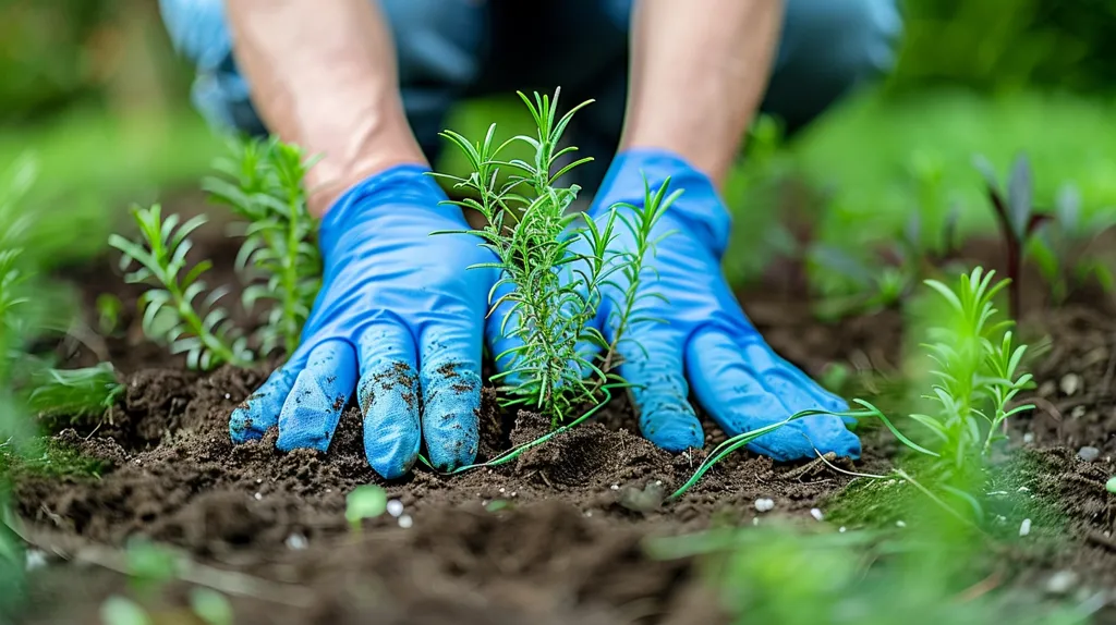 A person's hands wearing blue gloves are planting a small plant in the garden. The plant is surrounded by other plants and the soil is dark and rich. The image shows the process of gardening and nurturing new life.