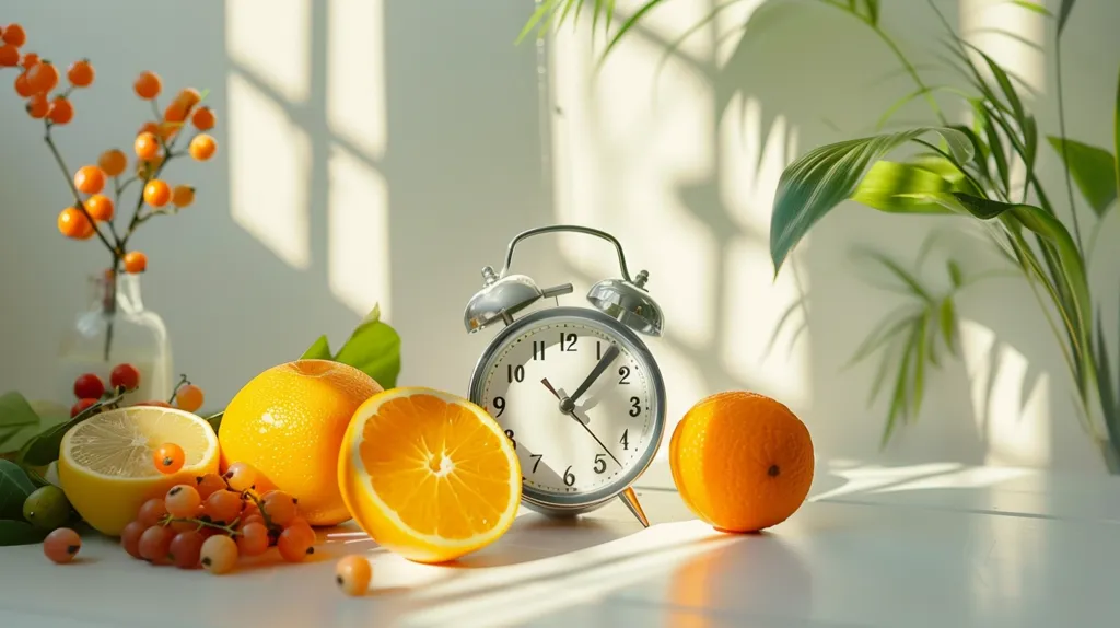 A silver alarm clock sits on a white surface, surrounded by oranges, lemons, and a sprig of orange berries. Sunlight streams through a window, casting shadows across the table. The scene is bright and cheerful, with a hint of summery vibrancy.