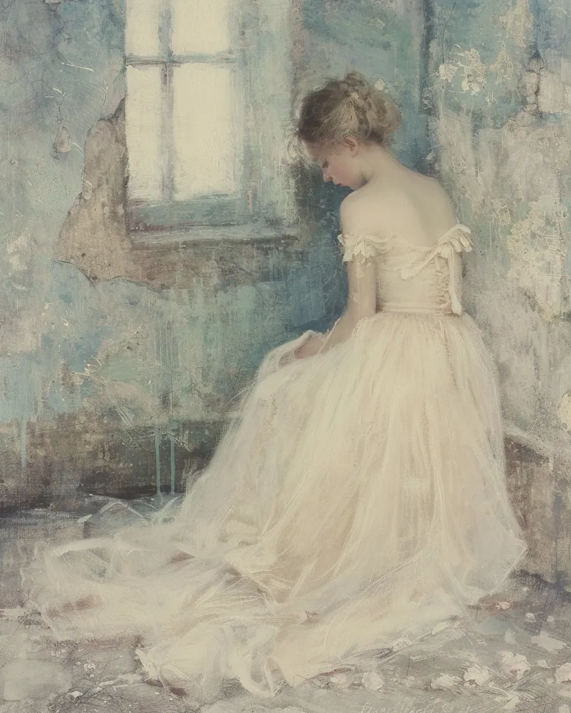The painting depicts a young woman in a flowing white dress, seated on the floor of a dilapidated room. Her head is bowed and her gaze is lowered, suggesting a sense of sadness or contemplation. The room is painted in muted tones of blue and grey, with peeling paint and a broken window, adding to the feeling of melancholy. The light in the room is soft and diffused, casting long shadows that enhance the sense of isolation. The overall effect is one of quiet beauty and introspective sadness.