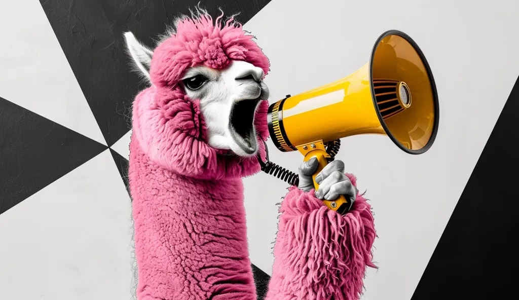 A pink alpaca with a bright yellow megaphone in its hand, stands in front of a black and white tiled background. Its mouth is open as if yelling into the megaphone. The alpaca appears to be making an announcement.