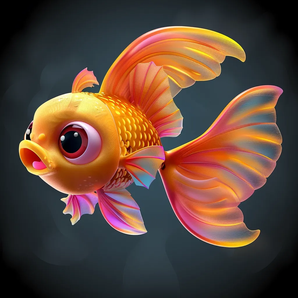 A cartoon goldfish with large, expressive eyes and an open mouth swims towards the viewer. Its scales shimmer with an iridescent gold hue, while its fins are a soft pink with a touch of blue. The fish has a playful, almost surprised expression, creating a sense of whimsy and charm. The background is a simple dark blue, providing a contrasting backdrop for the vibrant fish.