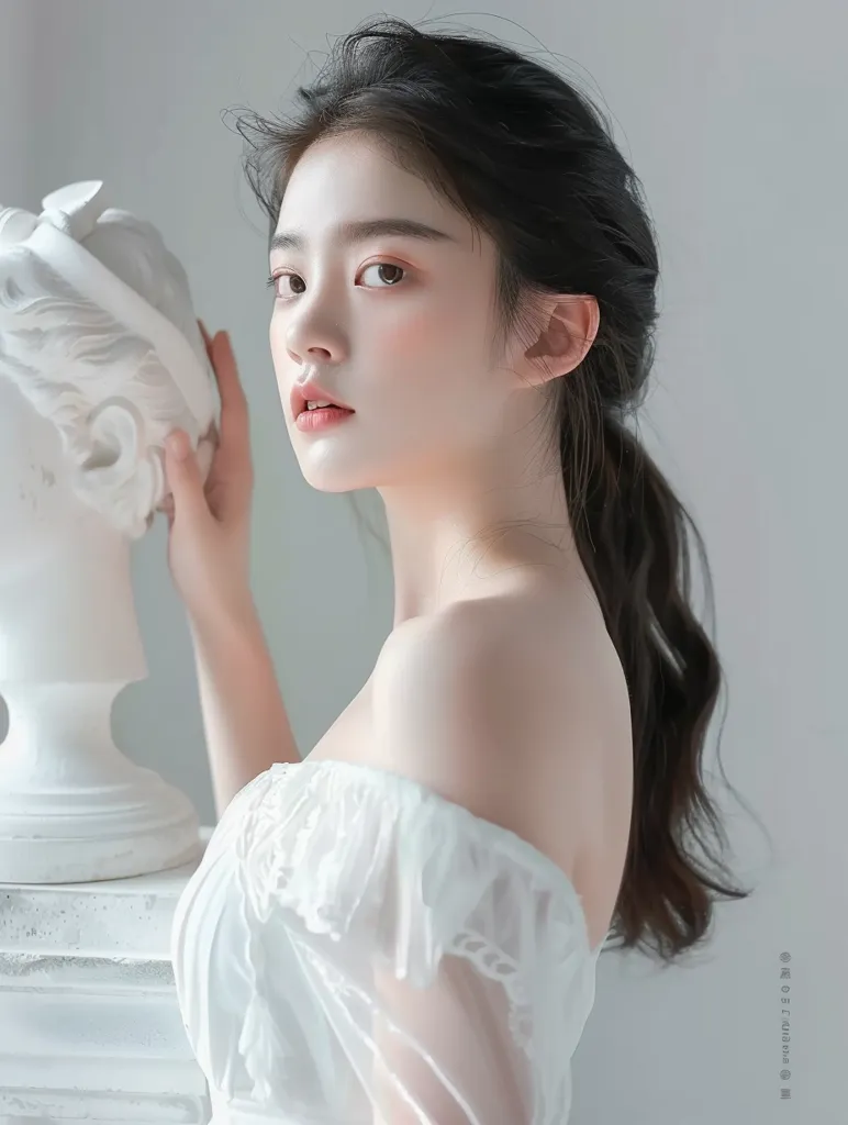https://s.mj.run/CnVcsCZgQzo A 35-year-old Chinese beauty, wearing a white dress, delicate features, standing next to the white plaster statue, the background is dreamy, gray tones, the depth of the scene, soft light on the face, elegant, beautiful and intellectual. Take detailed close-ups with Canon EOS R5 camera with macro lens, in Canon photography style, ultra-realistic skin texture, high resolution --ar 3:4 --v 6.0 --s 250