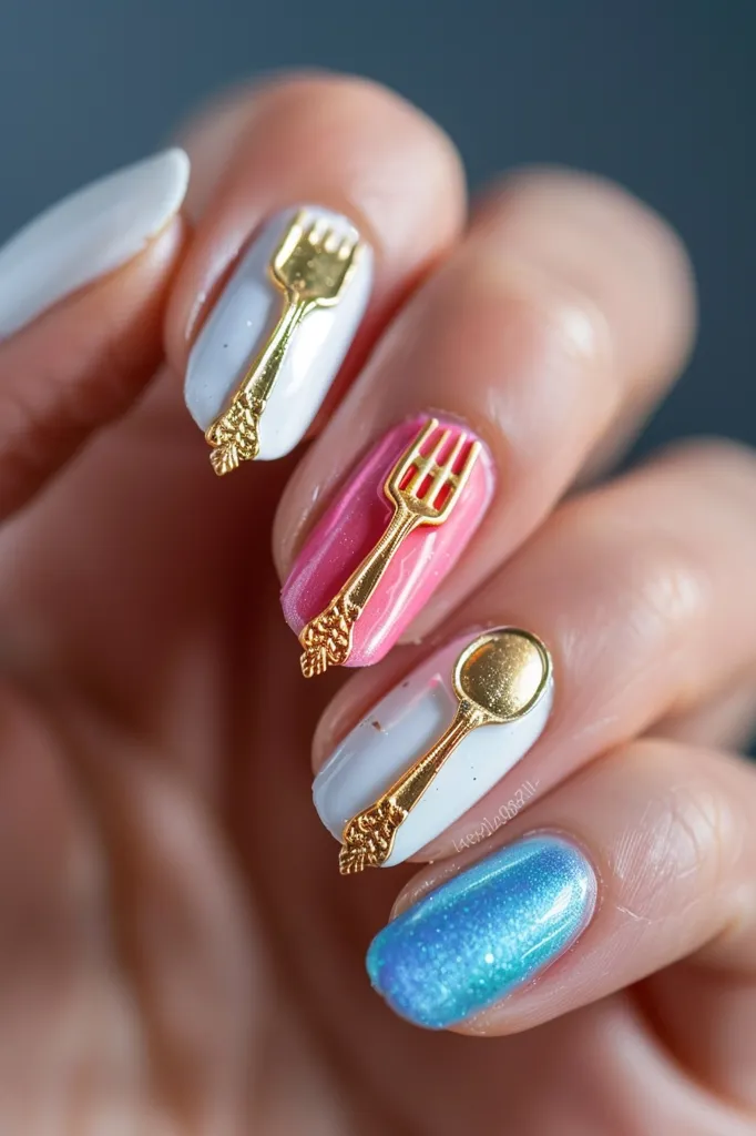 A close-up shot of a hand with four fingernails painted in different colors. Each nail features a small gold charm resembling a fork or spoon. The nails are painted white, pink, white, and blue. The charms add a touch of whimsy to the overall look.