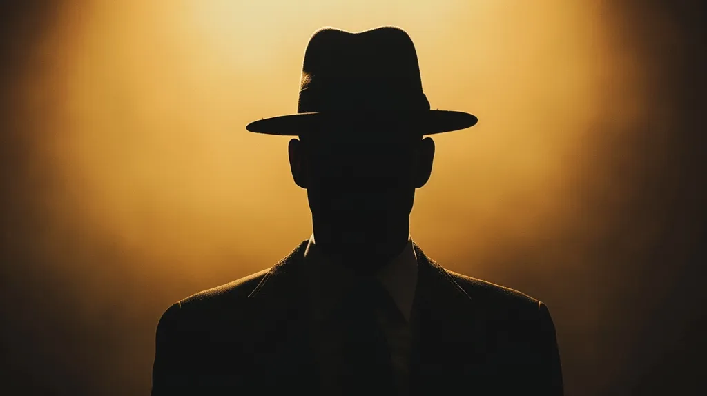 The image is a silhouette of a man in a suit and fedora. The man is standing in front of a bright, golden light, which creates a halo effect around him. His face is obscured by the hat and the light, making him appear mysterious and enigmatic. The image has a classic, film noir aesthetic.  The strong shadows and the use of light and darkness create a sense of intrigue and suspense.