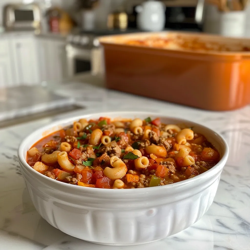 A white bowl filled with a hearty pasta soup. The soup is made with ground beef, tomatoes, vegetables, and elbow macaroni. The bowl is sitting on a marble countertop. A terracotta baking dish is out of focus in the background.  The soup looks delicious and comforting.  The scene is bright and inviting.