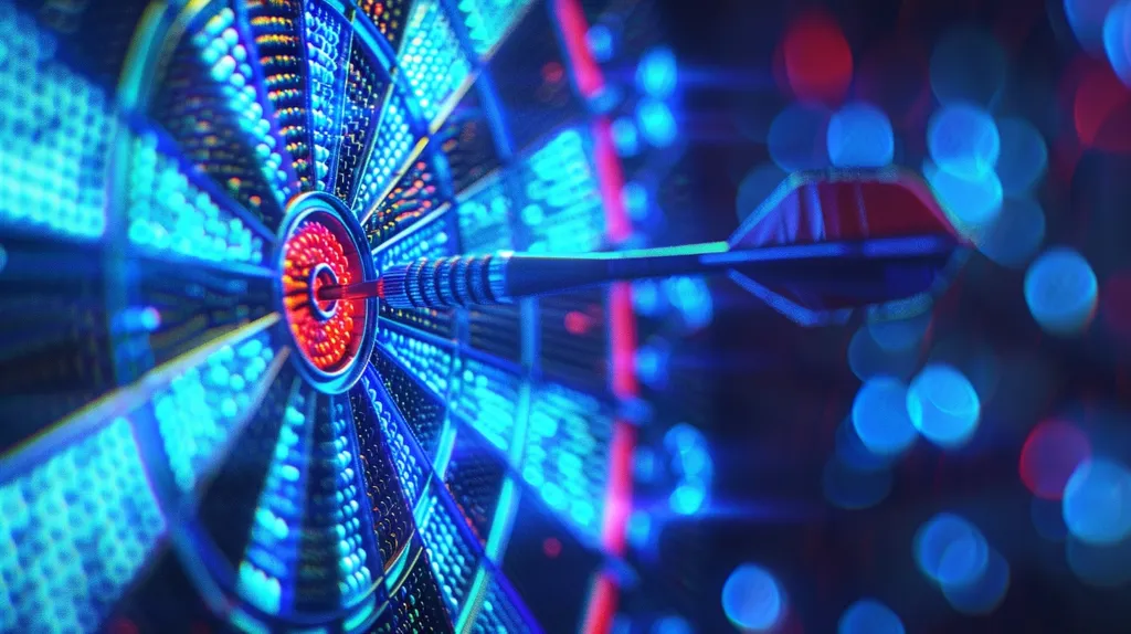 A dart board with a neon blue and red glow, illuminated by an array of out-of-focus blue and red lights. A single dart is positioned dead center, highlighting the target.  The scene evokes a sense of focus, precision, and achievement.
