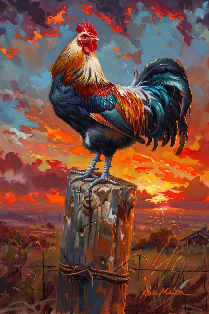 A rooster stands proudly atop a wooden post, his bright red comb and wattles contrasting against the fiery orange sunset. His plumage is a vibrant mix of blues, greens, and reds, reflecting the colors of the sky behind him. The rooster’s silhouette is a powerful symbol of dawn and new beginnings. The scene is painted with a vibrant brushstroke that captures the beauty of a rural landscape.  The image evokes a sense of peace and tranquility.