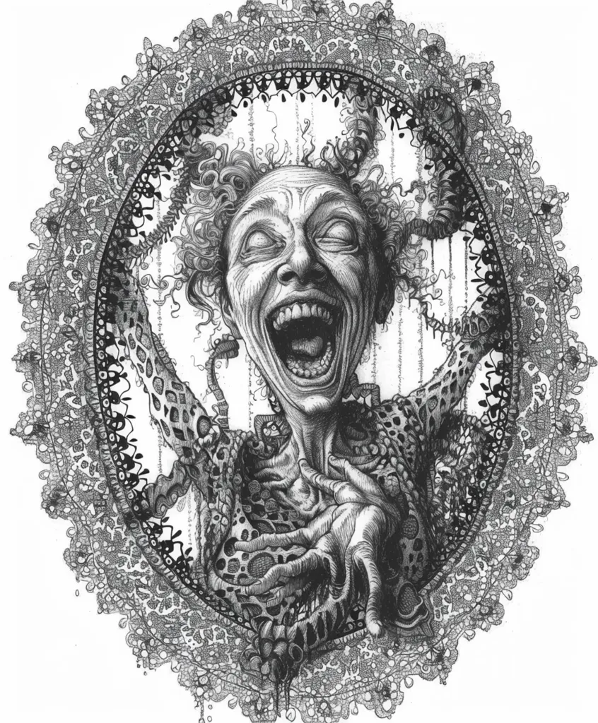 A detailed black and white illustration of a grotesque, feminine figure with a wide, unnatural grin and bulging eyes. Her hands are outstretched and she appears trapped within a circular frame of elaborate, intricately drawn lace. The image is unsettling and suggests a sense of horror or madness.