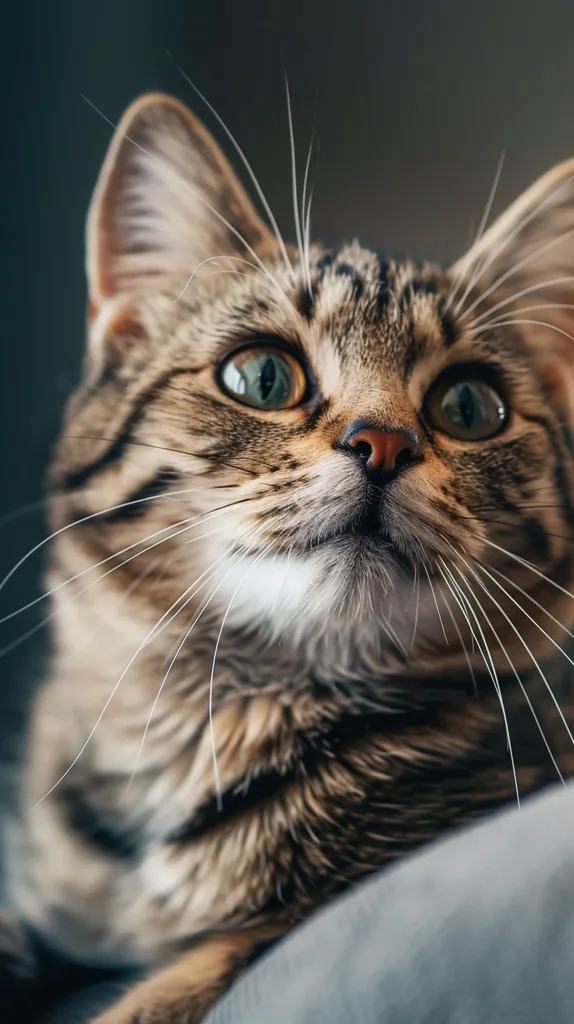 A close-up shot of a tabby cat looking up with big, green eyes. Its whiskers are prominent and its fur is soft and fluffy. The cat's nose is pink and its mouth is slightly open, suggesting it might be about to meow. The background is out of focus, highlighting the cat's features.