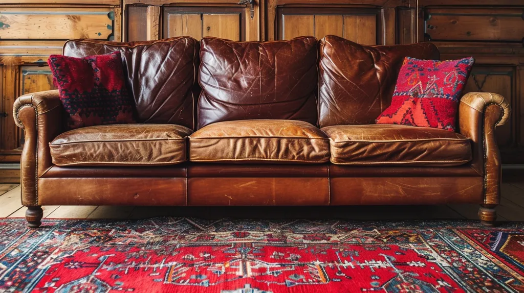 A worn brown leather sofa sits in front of a wooden wall, with two red and black throw pillows. The sofa sits on a vibrantly colored, intricately patterned rug with a red base. The rich colors and textures of the room create a warm and inviting atmosphere.