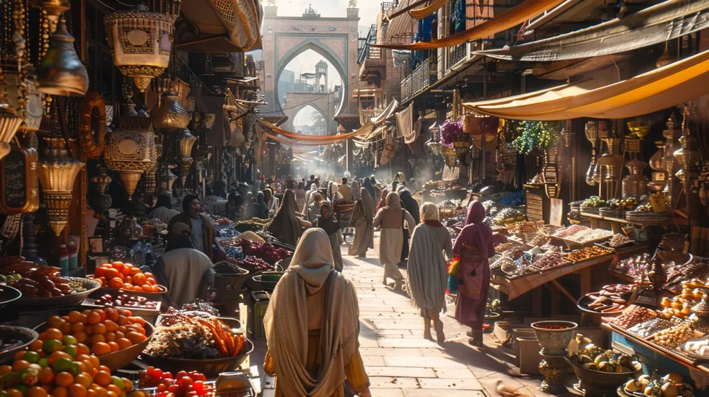 A bustling marketplace in a Middle Eastern city. The narrow street is lined with stalls selling a variety of goods, including fruits, spices, and trinkets. The air is thick with the smell of food and the sound of bartering. People weave through the crowds, their faces obscured by traditional clothing. In the distance, a grand archway offers a glimpse of a more spacious area beyond the market. The scene is vibrant and full of life, capturing the essence of a bustling city center.