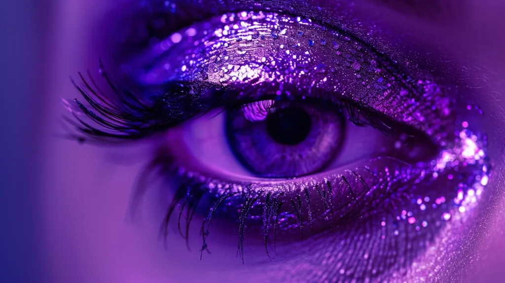 A close-up shot of a woman's eye, heavily accented with purple eyeshadow and glitter. The eye is open, with long eyelashes and a piercing purple iris. The image is saturated in purple hues, creating a dramatic and ethereal effect. The focus is sharp, highlighting the intricate details of the eye makeup.