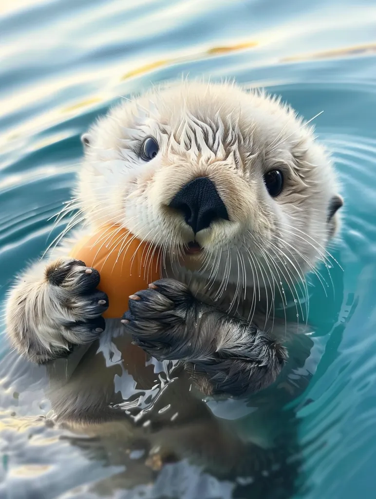 A sea otter with a white face and black nose floats in the water, holding an orange toy in its paws. Its large, dark eyes are wide open, and its mouth is slightly open as if it's about to make a sound. The otter's fur is wet and shiny, and its paws are visible through the clear water.  The background is a blurry blue, suggesting the vast expanse of the ocean.  The image captures the otter's playful nature and its natural habitat.
